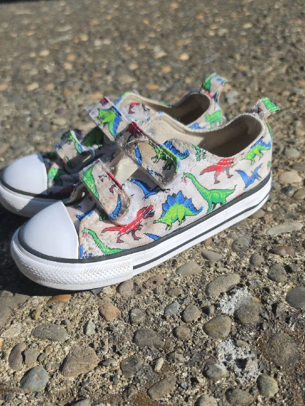 Converse Kids Velcro Dinosaur Sneakers - White with Red, Green & Blue Dinosaurs